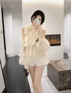 リボン付きシフォンブラウス ワンホン トップス