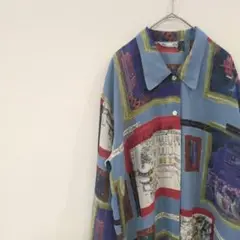 【1点物】シャツ 柄シャツ 長袖 総柄 アートデザイン シアー ゆるダボ XL