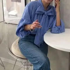 HKWORKS LONDON　ブラウス　ボウタイ　リボン付き　ブルーシャツ 40
