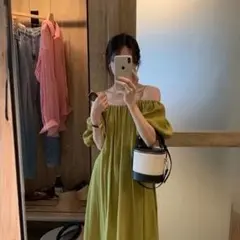 ワンピース　グリーン　緑　ゆったり　ロング　レディース　婦人服　秋　肩出し