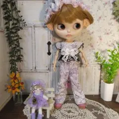 アイシー、ブライス用、 着せ替え服 紫 花柄、フレアーパンツ、トップスのセット