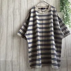 【XL】マルチ ボーダー Tシャツ カジュアル ベージュ ネイビー