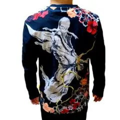 オリエンタル ブランド 和柄 花柄 侍 長袖Tシャツ ブラック M メンズ