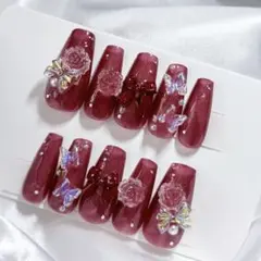 Ｎｏ．現品 ネイルチップハンドメイド レッド赤薔薇蝶々韓国リボンパールストーン