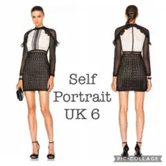Self-Portrait の黒とクリーム色の長袖シャツワンピース