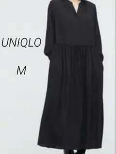 UNIQLO　ドローストリングロングワンピース　ブラック　M　ジョーゼット素材