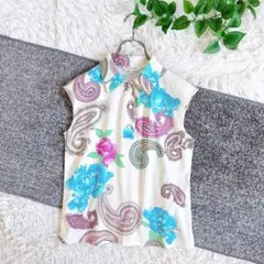 美品　レオナール　トップス　ノースリーブ　花柄　フラワー柄　コットン　白　38