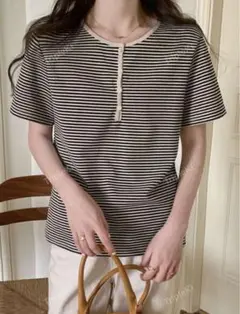 ストライプ ボタンフロント　Tシャツ