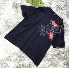 FOEL【3L】半袖 Tシャツ 金魚 花 プリント 紺 綿 ネイビー