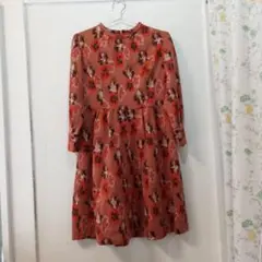 ワンピース　ハンドメイド　レディース　ブラウン系　パンジー柄　ｓ-1156