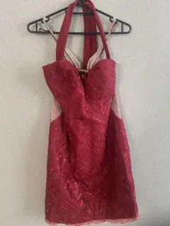 Glossy ワインレッド ハルター ネック ミニドレス