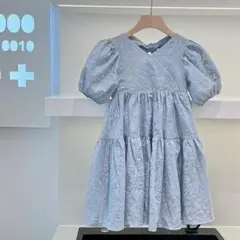 新品　韓国　ワンピース　蝶々　ブルー　リボン　フレア　女の子　子供服　110㎝