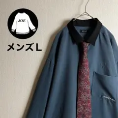 ネクタイシャツ　ビッグ人物刺繍アート　ボタニカル総柄　くすみ色　切替　レトロ古着
