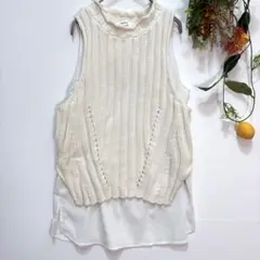 【DouDou】新品✨トップス　ニットベスト　ノースリーブ　重ね着　ホワイト　F