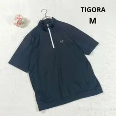【ティゴラ】半袖カットソー シャツ (M) ハーフジップ 黒 ワンポイント