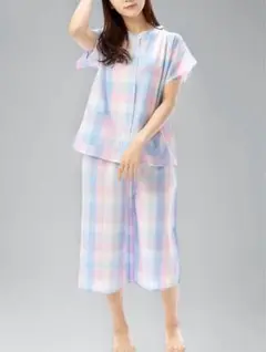40%off 【ニシキ】ピンク×ブルーチェック柄 半袖パジャマ M-L上下セット