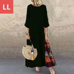 ワンピース　LL　ロング　マキシ丈　七分袖　ブラック　黒　春　民族柄　エスニック