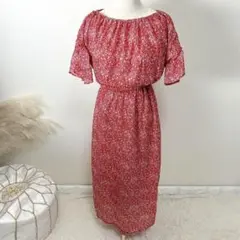 Crisp 2wayフラワーギャザーワンピース 半袖 ロング レッド 花柄 F
