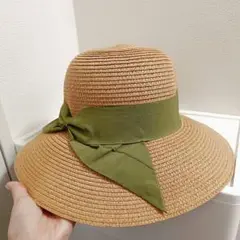 美品★麦わら帽子★ストローハット★57.5cm★カーキ★リボン付き★大人用