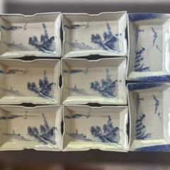 昭和レトロ　青い風景画の陶器皿8枚セット 長方形　角皿　食器