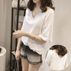 Vネック ロング Tシャツ ドロップショルダー 背中見せ ゆるシャツ【白/M】
