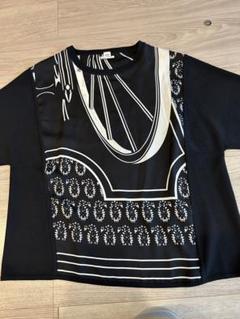 エルメス レディース 黒地に白の車輪柄Tシャツ　シルク 40