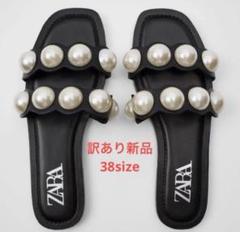 未使用【ZARA】レザー フラットサンダル パール スタッズ 黒