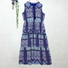 F1018✤美品✤ノースリーブロングワンピース LL紺系エスニック柄 ボタニカル