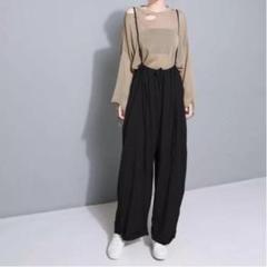 モードカジュアル♡サスペンダー付きワイドパンツ♪ベージュ バギー 大きいサイズ