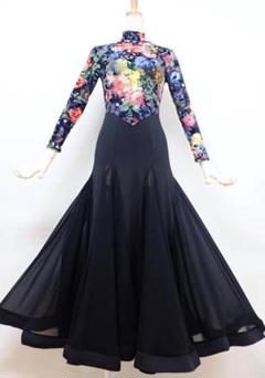 B1579★美品★M★黒/フロッキー/ワンピ/スタンダードドレス☆社交ダンス B1579☆美品☆M☆黒/フロッキー/ワンピ/スタンダードドレス