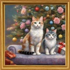 猫 クリスマスツリー 絵 絵画 イラスト L版プリント ねこ