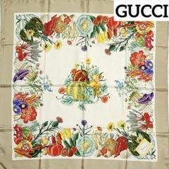 ★GUCCI★ スカーフ 大判 花 野菜 カボチャ ベージュ マルチカラー ☆GUCCI☆ スカーフ 大判 花 野菜 カボチャ ベージュ マルチカラー
