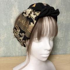 和風編み込みターバン　着物リメイク　ヘアバンド　クロスターバン　ブラック(金彩)