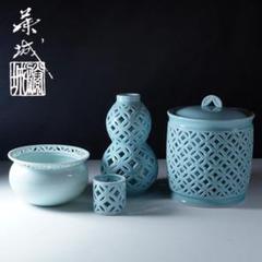 訳あり！加藤藤城青磁七宝透皆具共箱茶道具水指杓立蓋置建水