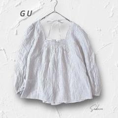 R3191【GU】バックリボンブラウス チェック柄スクエアネック ホワイト系