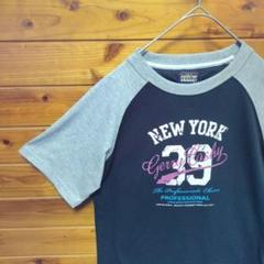 ラグランTシャツ　黒　グレー　半袖　ラグラン袖　Ⅿ　プリントデザイン　古着