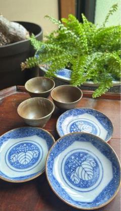 京都購入アンティーク伊万里豆皿3枚＆酒器3個セット 青い花柄の皿と陶器の器セット