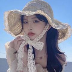 ガーリー麦わら帽子レースリボン 夏 日除け アンティーク フェミニンのサムネイル
