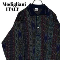 90s Modigliani 襟付きニット 総柄 M ダーク系ポロセーターy2k 90s Modigliani 襟付きニット 総柄 M ダーク系ポロセーターy2k
