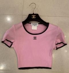 激レア美品！CHANELクロップド丈★リブニットチビTシャツ36 極美品☆CHANEL クロップド丈 リブニットチビT レア 95Pピンク