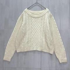 レトロガール　クルーネックケーブル編み長袖ニット　ショート丈　アイボリー　M