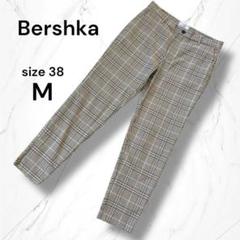 【Bershka】クロップド丈チェック柄カジュアルテーパードパンツ Mベージュ黒