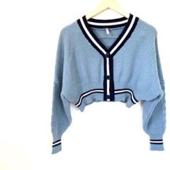 クリーニング済み 美品 ショート丈 ニット カーディガン 水色 フリーサイズ