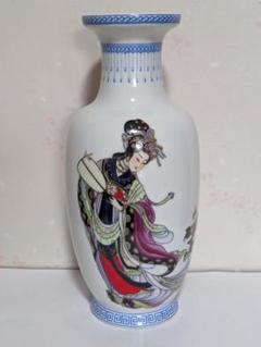 レア物◆【美人画色絵花瓶　描きこみ全体花器　在銘・GB・ 中国◆古陶　鑑賞陶磁器 ♢中国陶磁器 瓔珞紋 団扇美人図 粉彩花瓶 陶画工1級職人手描き