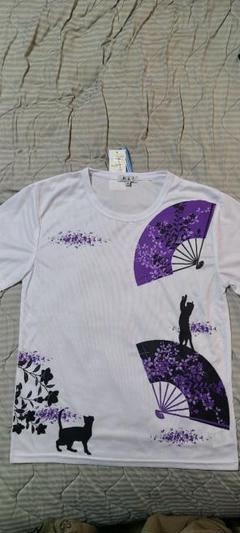 和風柄 紫の扇子と猫のデザイン Tシャツ Mサイズ