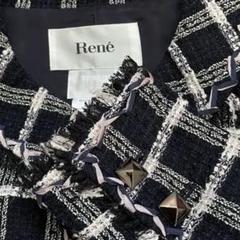 【美品】Rene ルネ TISSUE社 ノーカラージャケット 白×黒 34 美品】Rene ルネ TISSUE社 ノーカラージャケット 白×黒 34