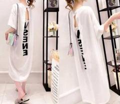 Tシャツワンピース背中あきゆったり大きいサイズワンピ着痩せ白セクシー韓国可愛い