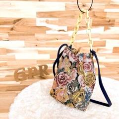 【イアパピヨネ】ジャガード 花柄 レトロ チェーン ショルダーバッグ ピンク×黄
