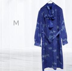 ワンピース リボン付き 首元 腰 ベルト 花柄 M ブルー