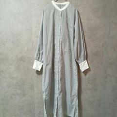 【アース/シャツワンピース/ノーカラー/フリー】グレーストライプ/ナチュラル